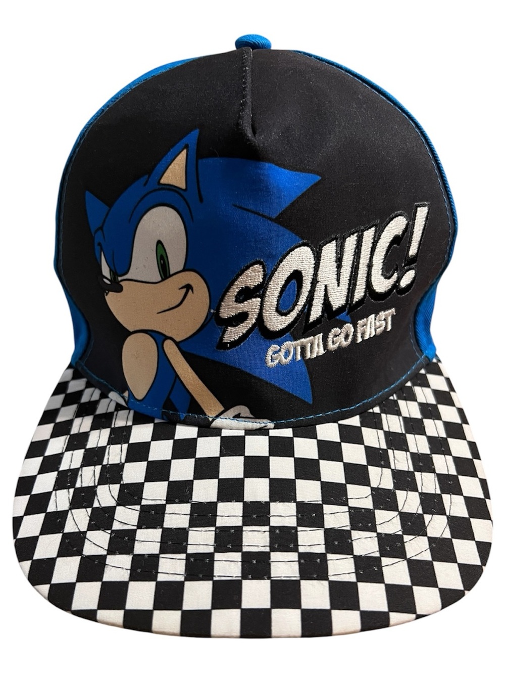 Sonic Themed Black & Blue Snapback Hat with Checkered Brim Gotta Go Fast Sega OS